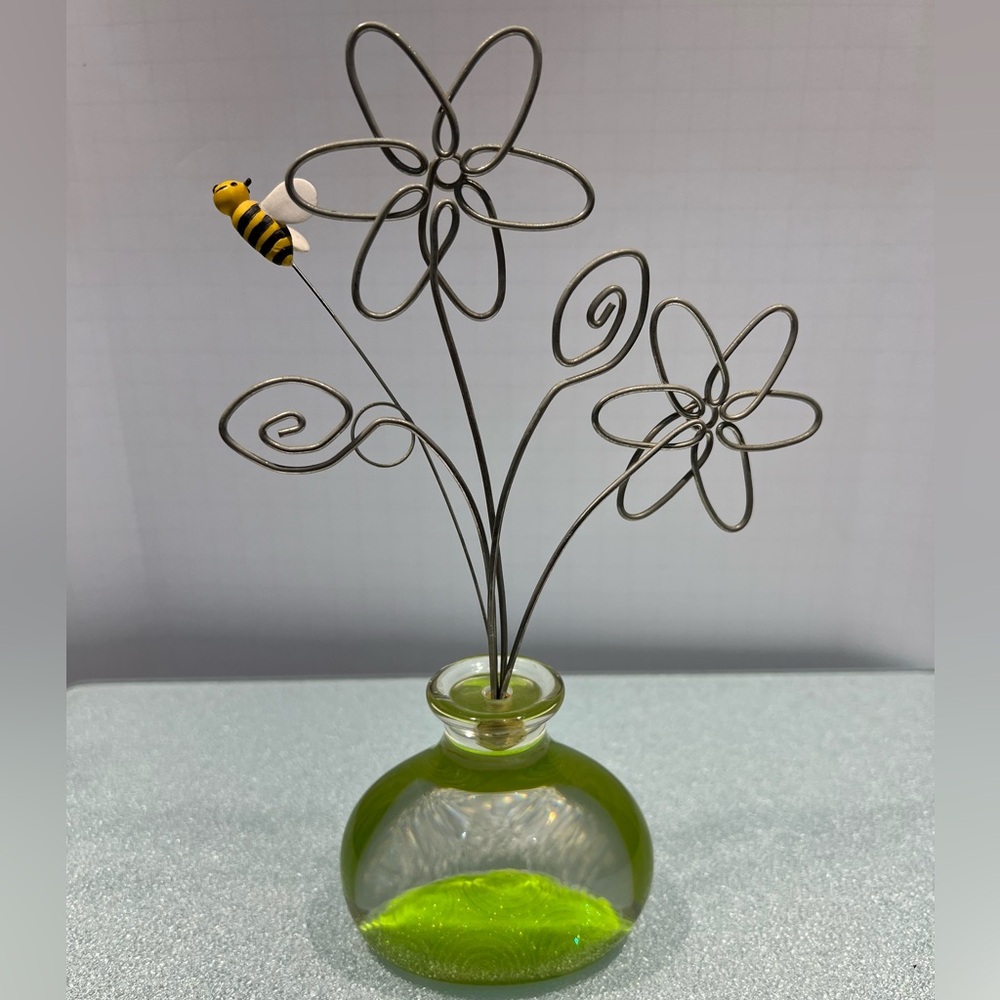 1999 Vintage Burns of Boston Glass Paperweight Note Holder – Wire Flowers & Bee